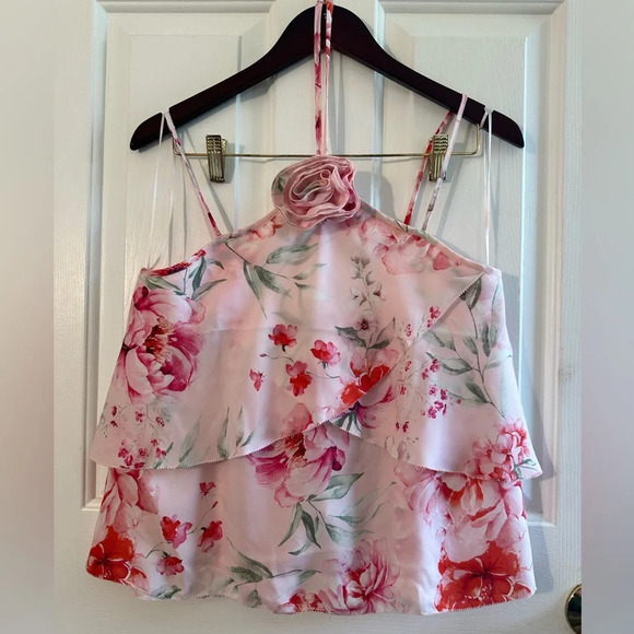 cupcakes & cashmere Tops - NWT CUPCAKES and CASHMERE Rose Embellished Blouse SMALL Pink Red Tiered S Neck